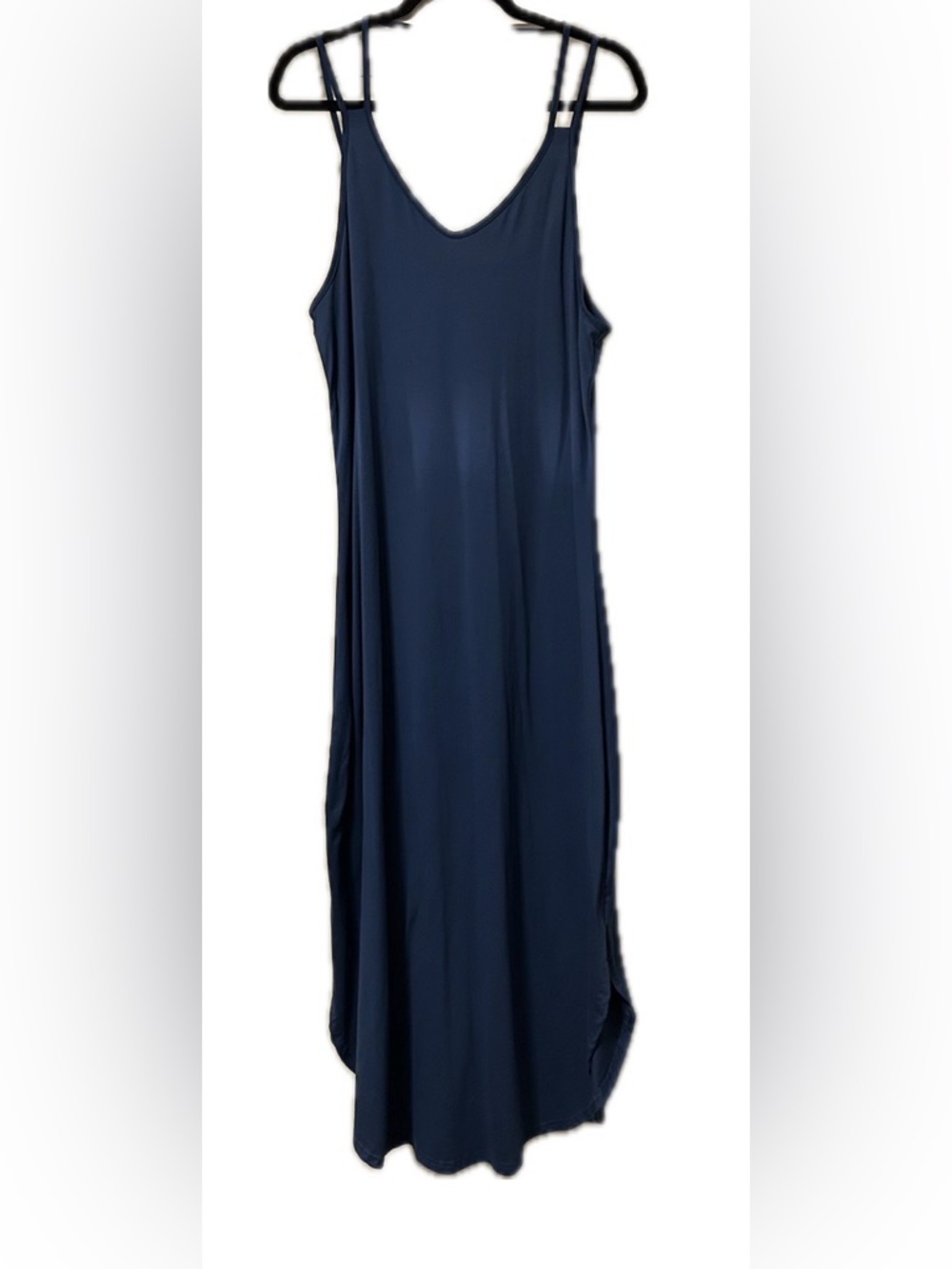 Women's L Blue Solid V-Neck Strappy Sleeveless Maxi Slip Dress Polyester - Picture 4 of 10